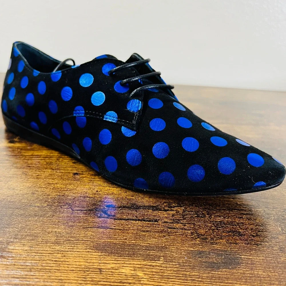 Lisa C Bijoux Shoes 6 Black Blue Polka Dot Metallic Lace Up Almond Toe Retro New